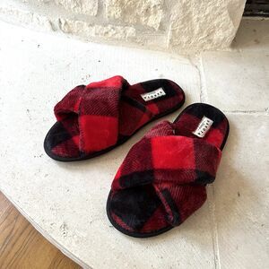 Dakota Fleece Slippers Womens Size M‎ 7-8 Red Black Plaid Slip On Open Toe Shoes